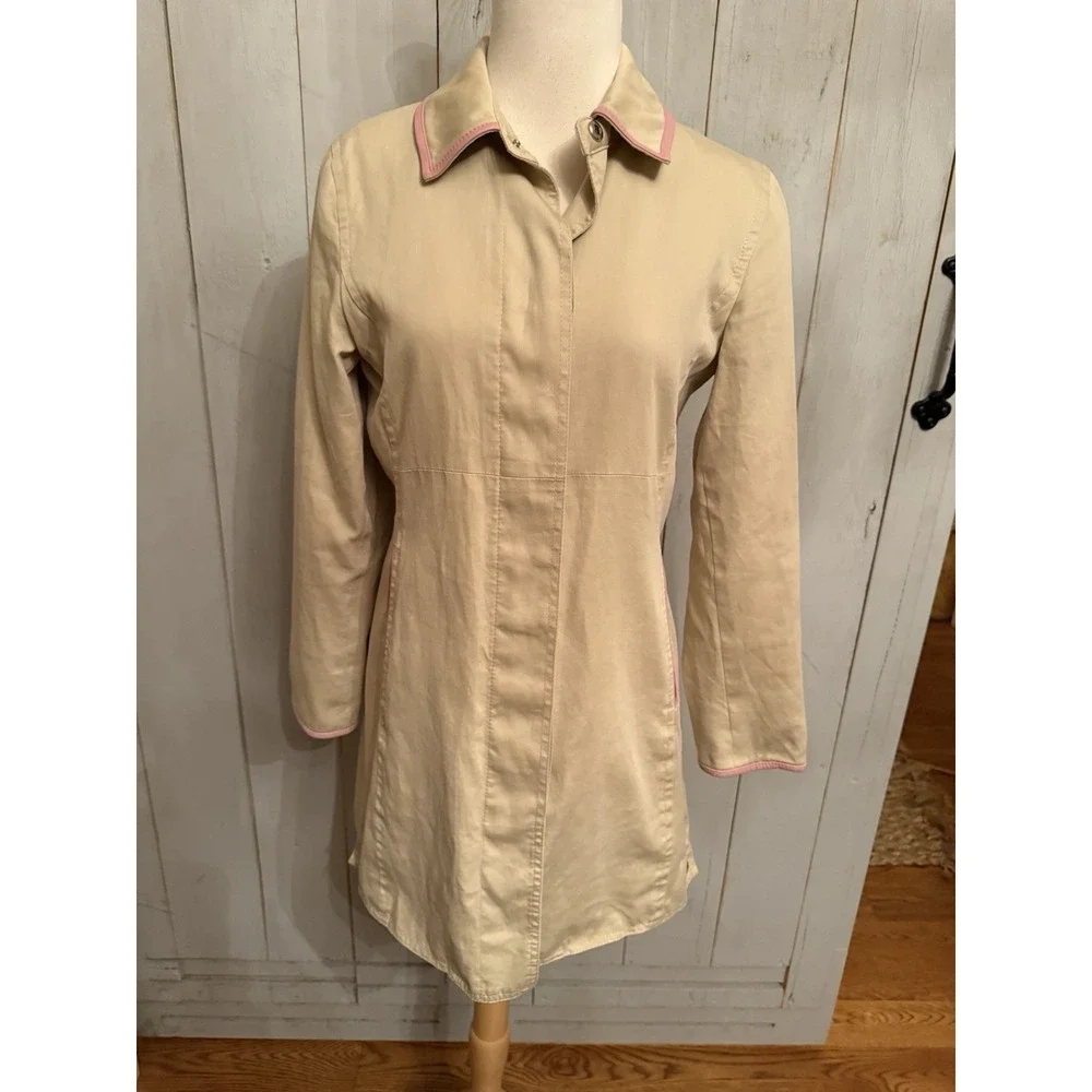 Coach Leatherware Rain Trench Coat Women's Size 4 Tan‎ & Pink Trim Cotton Lined